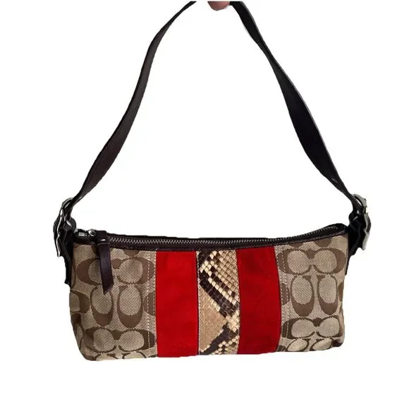 Coach Hampton Signature Jacquard Shoulder Bag Brown Red Suede Stripe Y2K Vintage - Picture 5 of 16